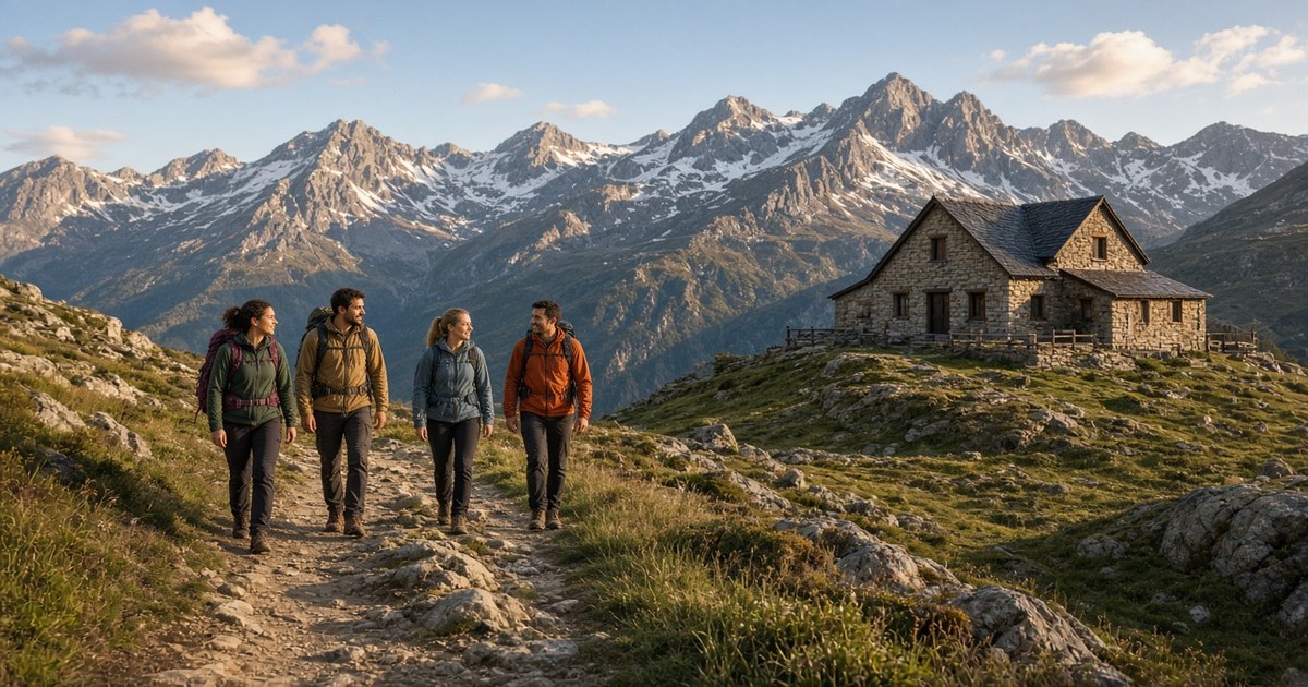 Compañeros de montaña camino de un refugio libre