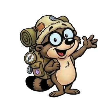 Refli, mapache excursionista, mascota de Refugios Libres, saluda con mochila de montaña